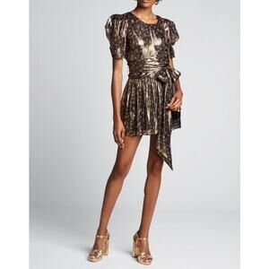Love Shack Fancy Mercy Mini Dress Womens 2 Gold Metallic Floral Silk Blend Party